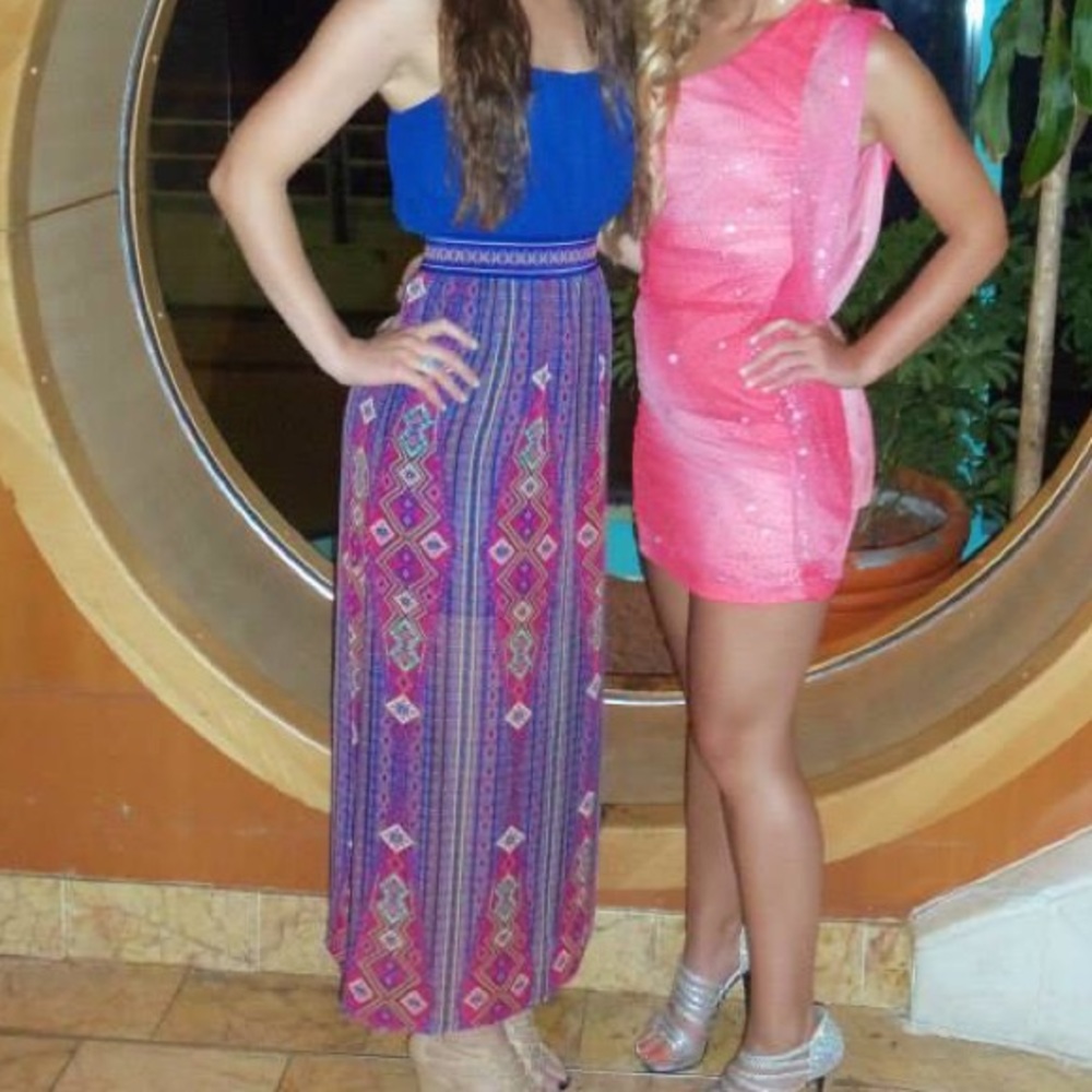 Long purple and patterned gown